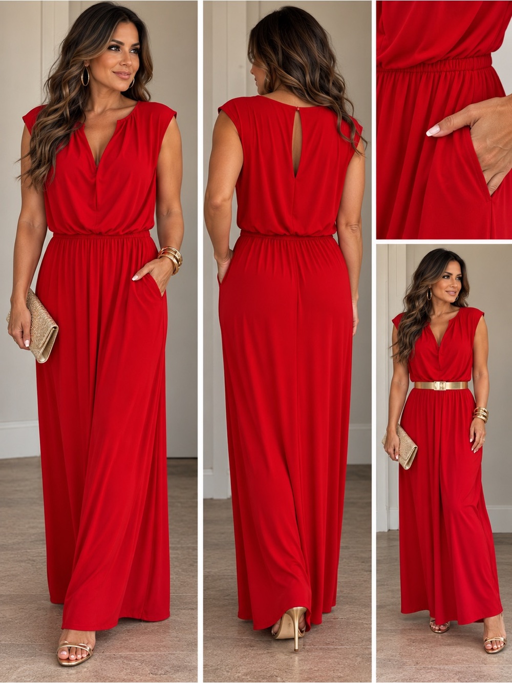 Red Draped-Waist Maxi Jumpsuit